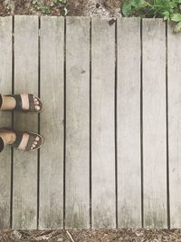 Low section of man standing on wooden floor