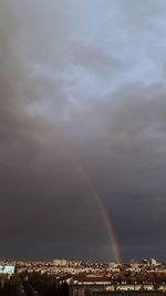 Rainbow over city buildings