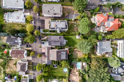 High angle view of residential buildings in city