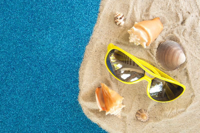 High angle view of shells on beach