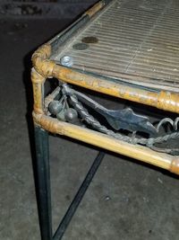 High angle view of old rusty wheel