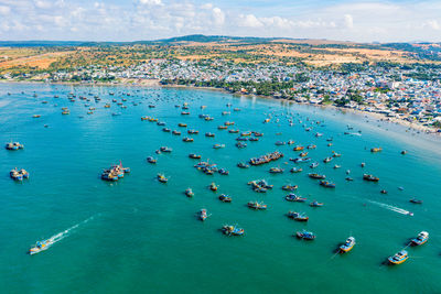 High angle view of marina in harbor