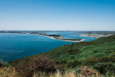 High angle view of sea against clear sky