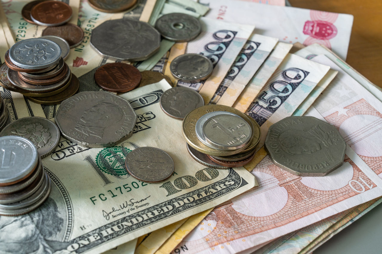 money, currency, finance, cash, wealth, business, coin, paper currency, money handling, no people, large group of objects, high angle view, finance and economy, indoors, still life, savings, business finance and industry, abundance, close-up