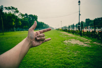 Cropped image of man showing horn sign against sky