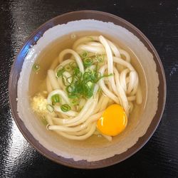 High angle view of soup in bowl