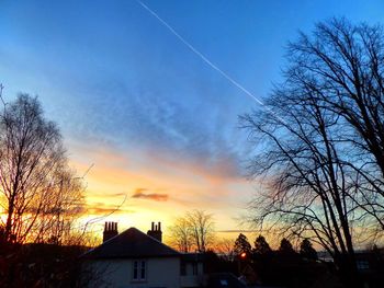 Silhouette houses and bare trees against sky