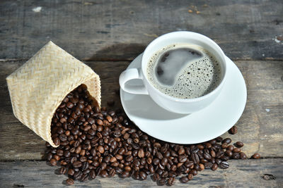 High angle view of coffee cup on table