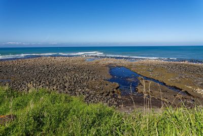 Scenic view of sea against clear blue sky