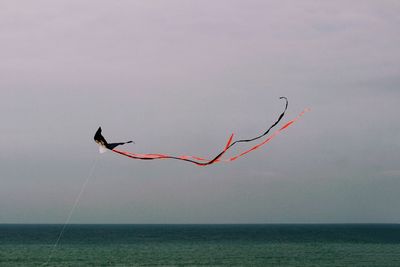 Low angle view of kite flying against sea