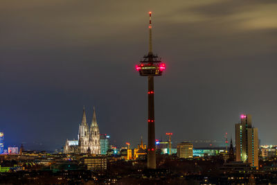 Cologne cityscape at night, germany. view of cologne cathedral and colonius tv tower.