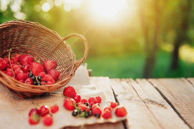 Close-up of strawberries in basket on table