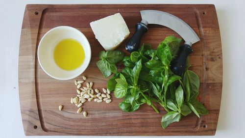 High angle view of chopped vegetables on cutting board