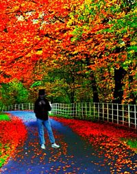 Full length of man walking on red autumn tree