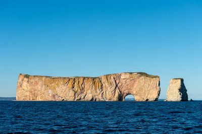 Rock formations by sea against clear blue sky