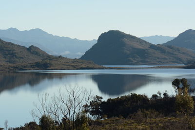 Scenic view of lake and mountains against sky