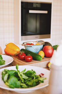 Fruits and vegetables on table at home