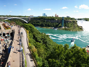 High angle view of bridge over sea in city