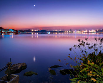 Scenic view of lake against sky at sunset