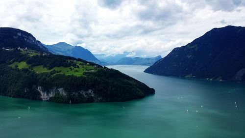 Scenic view of lake against cloudy sky