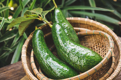 Close-up of green chili peppers in basket