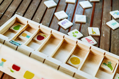 High angle view of toys on table