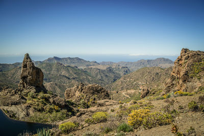 Scenic view of rocky mountains against clear blue sky