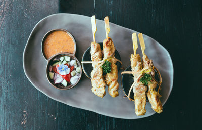 High angle view of food in plate on table
