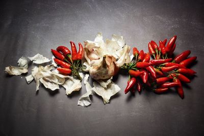 High angle view of red chili peppers against white background