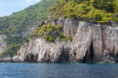 Scenic view of sea by rock formation