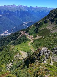 High angle view of land and mountains