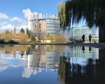 Reflection of trees in lake against sky