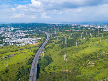 High angle view of cityscape against sky