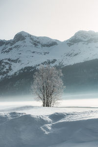Scenic view of snowcapped mountains against clear sky