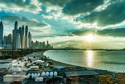 Panoramic view of buildings against sky during sunset