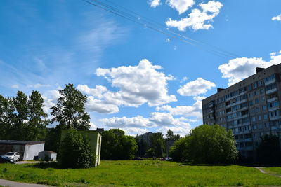 Trees and buildings against sky