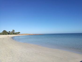 Scenic view of beach against clear blue sky