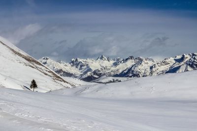 Scenic view of snowcapped mountains against sky