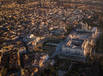 High angle view of illuminated buildings in town