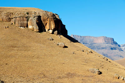 Rock formations on landscape against clear sky