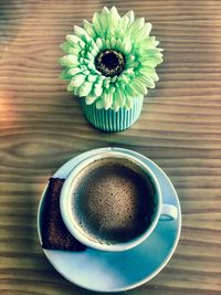 Directly above shot of coffee cup on table