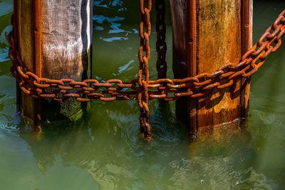 Close-up of rope tied on wooden post