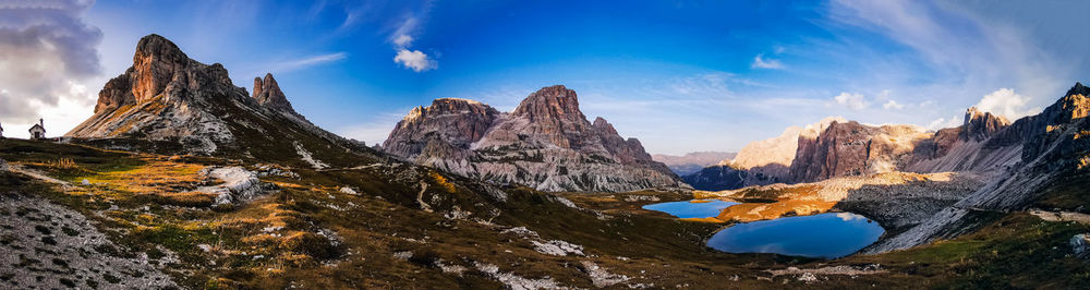 Panoramic view of snowcapped mountains against blue sky