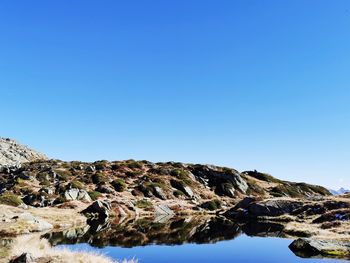 Rock formations against clear blue sky