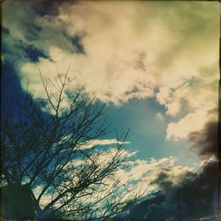 Low angle view of bare tree against cloudy sky