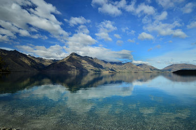 Scenic view of lake and mountains against sky