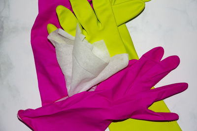 High angle view of woman with pink petals