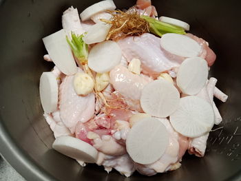 High angle view of chopped vegetables in bowl