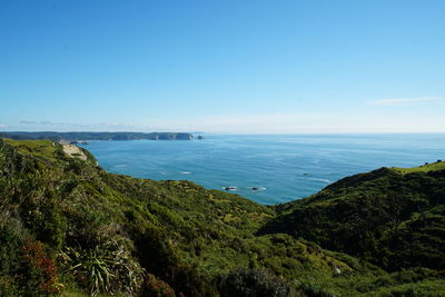 High angle view of bay against clear sky