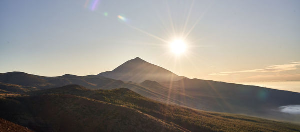 Scenic view of mountains against sky during sunset